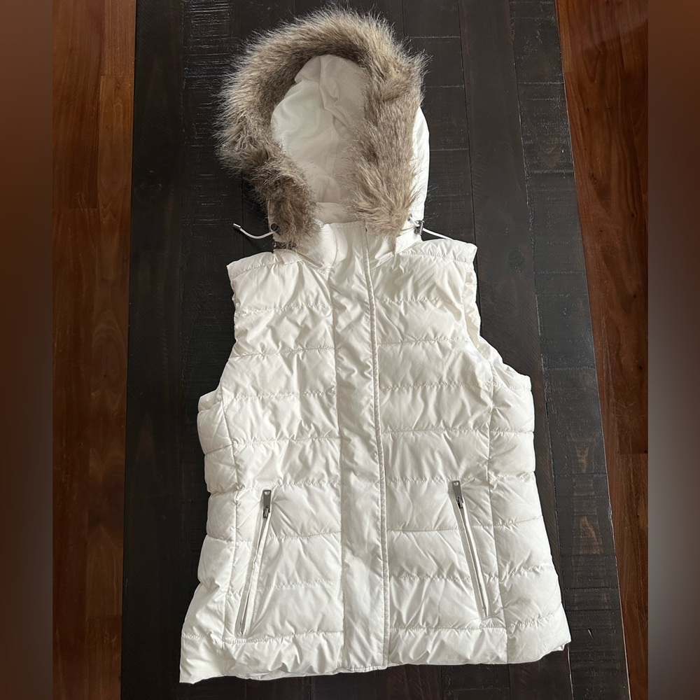BANANA REPUBLIC Hooded Faux Fur Puffer Quilted Vest Jacket White XS